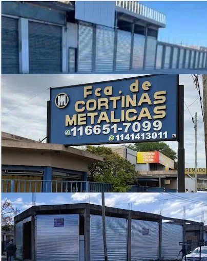 Cartel de la fábrica de cortinas metálicas y cortinas instaladas en locales